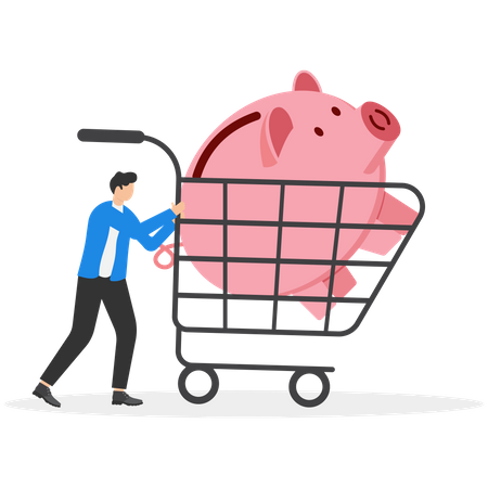 Businessmen walk with shopping cart with big pink piggy bank  Illustration