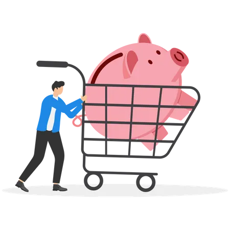 Businessmen walk with shopping cart with big pink piggy bank  Illustration