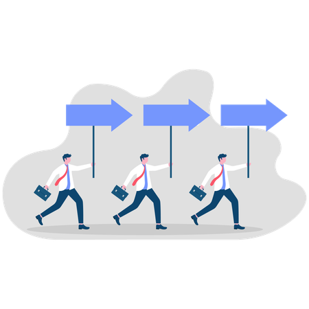 Businessmen walking with placards following arrows  Illustration