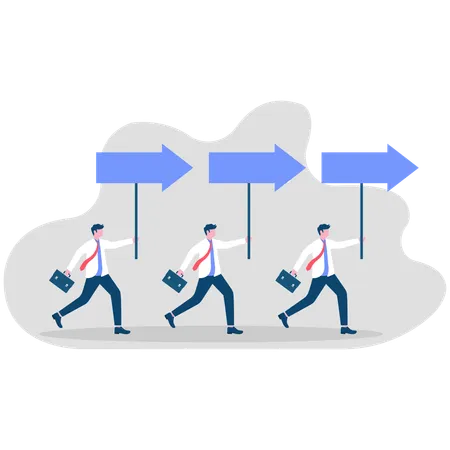 Businessmen walking with placards following arrows  Illustration