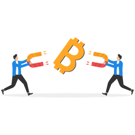 Businessmen with magnets fight for bitcoins  Illustration