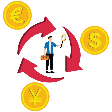 Businessmen with magnifying glasses standing between currencies that are converting to each other  Illustration