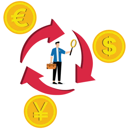 Businessmen with magnifying glasses standing between currencies that are converting to each other  Illustration