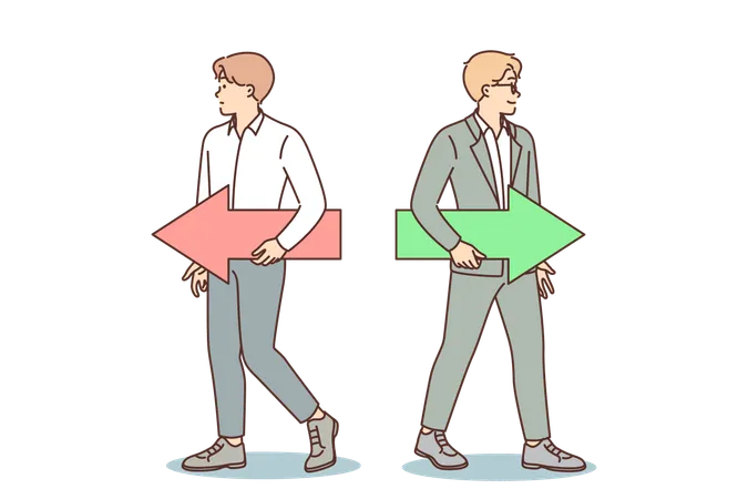 Businessmen With Opposite Arrows Go In Different Directions For Concept Of Dispute Between Partners Or Company Owners Two Businessmen Use Different Tactics To Manage Business And Attract Customers Illustration