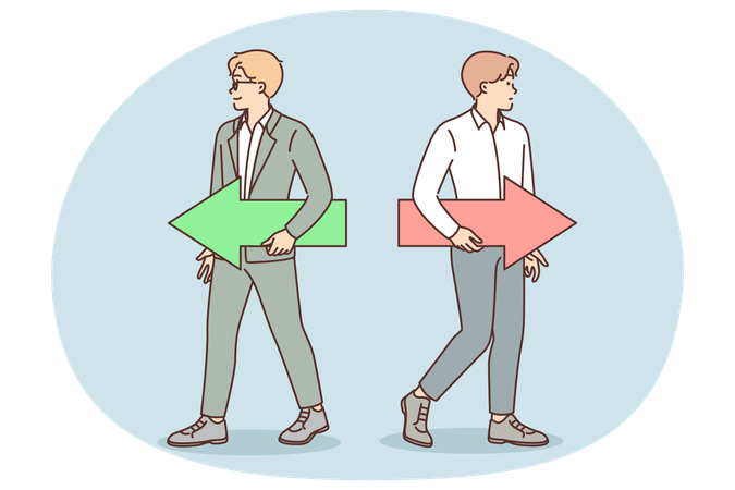 Businessmen with opposite arrows go in different directions for concept of dispute between partners  Illustration