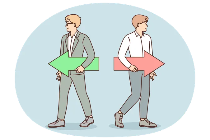 Businessmen with opposite arrows go in different directions for concept of dispute between partners  Illustration