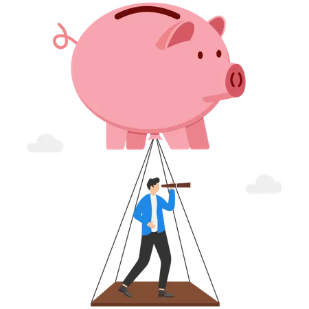 Businessmen with Piggy bank balloons look at investment opportunities  Illustration