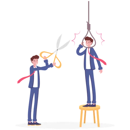Businessmen With Scissor Cutting Rope Of Hanging Man Vector Illustration Cartoon Illustration