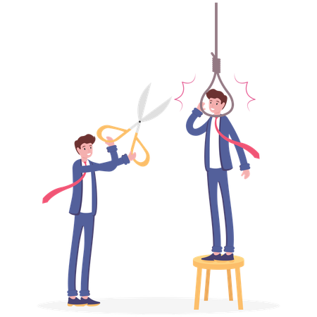 Businessmen with scissor cutting rope of hanging man  Illustration