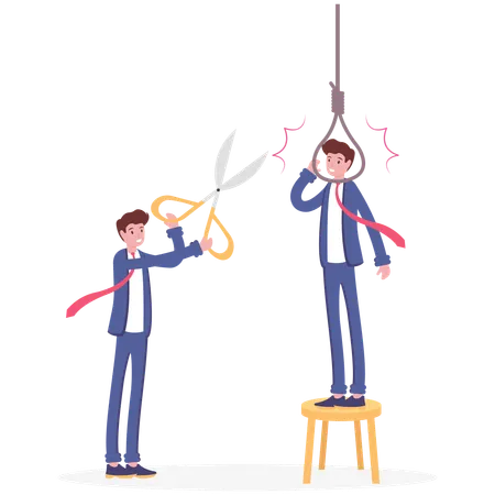 Businessmen with scissor cutting rope of hanging man  Illustration