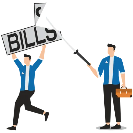 Businessmen with swords cutting bills held by their colleagues  Illustration