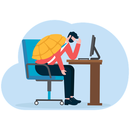 Businessmen with turtle shells on backs working slowly at computer desks  Illustration