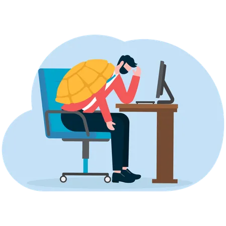 Businessmen with turtle shells on backs working slowly at computer desks  Illustration