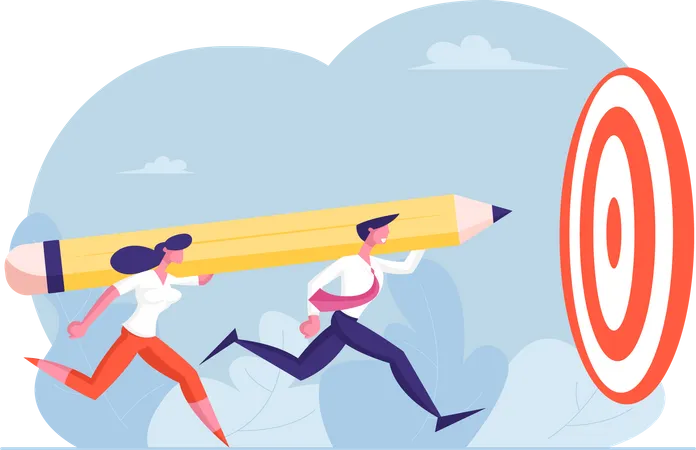 Couple Of Cheerful Business Man And Woman Characters Trowing Huge Pen To Target Office Routine Workers Career Boost Start Up Project Businesspeople Achieve Goal Cartoon Flat Vector Illustration Illustration