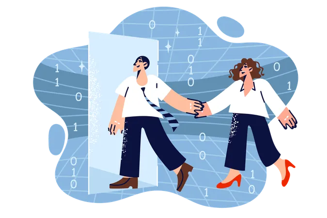 Business People Are Entering Digital Door Eager To Use Innovative Methods Or Introduce Cyber Technologies In Management Man And Woman Travel Through Digital World With Binary Code And Holding Hands Illustration