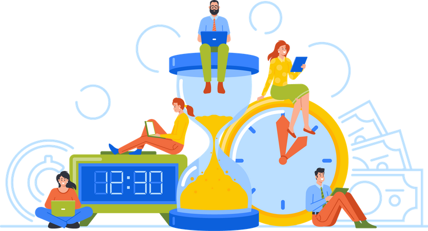 Businesspeople around of Huge Clocks Illustration