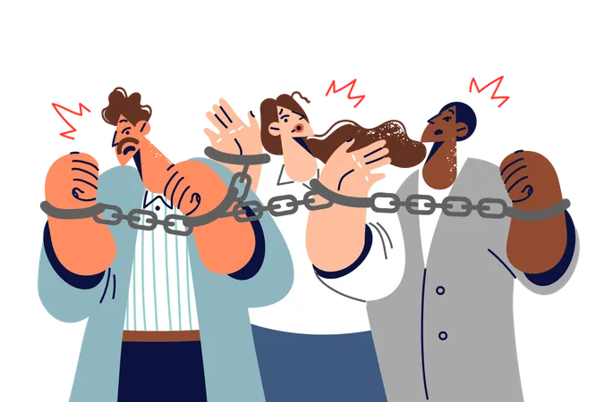 Business People Bound By Obligations And Slave Contracts Experience Discomfort Due To Handcuffs On Hands Office Employees Suffer Due To Lack Of Trade Union And Slave Like Working Conditions イラスト