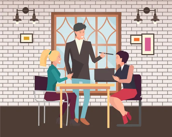 Businesspeople Communicate At Workplace Teamwork With Business Plan Creating New Creative Project Meeting And Discussion In Office Colleagues Discussing Work Have Conversation Together Illustration