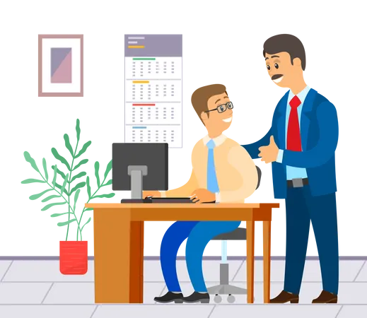 Businesspeople Communicating Two Talking Colleagues In Office Man With Computer Sitting At Table Boss Praises Employee For Good Work Businesspeople Discussing Project Plan Contract Startup Illustration