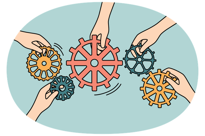 Businesspeople connect cogwheels engaged in teamwork  Illustration
