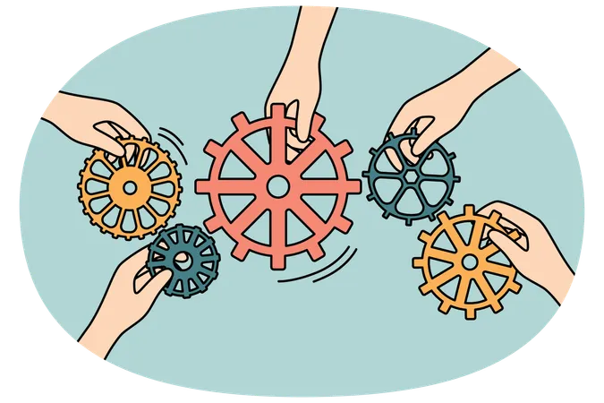 Businesspeople connect cogwheels engaged in teamwork  Illustration