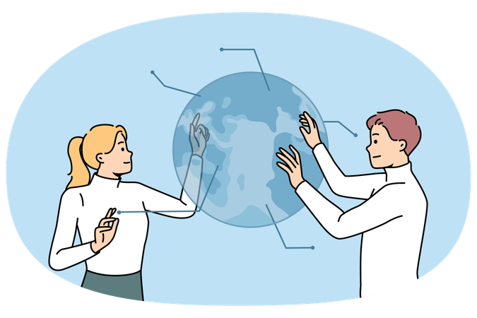 Businesspeople cooperate touch globe hologram  Illustration