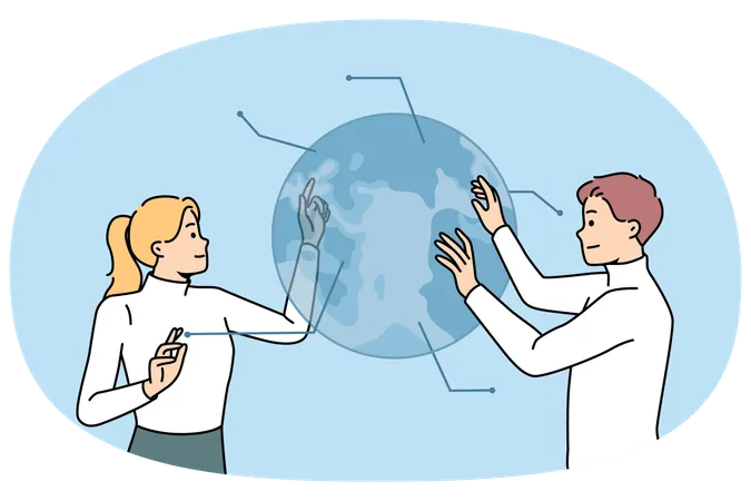 Businesspeople cooperate touch globe hologram  Illustration