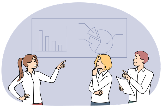 Businesspeople discuss graphs in office  Illustration