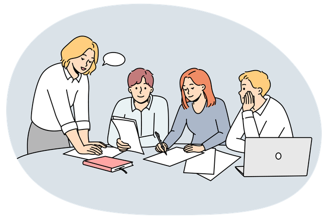 Businesspeople discuss paperwork at meeting  Illustration