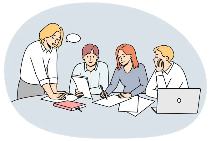 Businesspeople discuss paperwork at meeting  Illustration