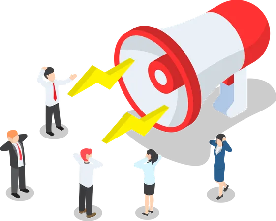 Businesspeople Disturbed By The Noise From Big Megaphone Flat 3 D Web Isometric Design VECTOR EPS 10 Illustration