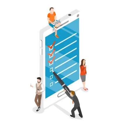 Online Checklist Flat Isometric Vector Concept A Man With A Pen Is Setting A Check Mark On The Mobile Phone Screen 일러스트레이션