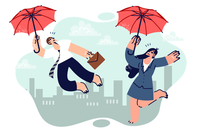Businesspeople flying up using umbrellas  Illustration