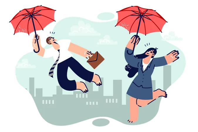 Business People Flying Up On Umbrellas As Metaphor For Motivation For Professional Development And Personal Growth Man And Woman In Business Suits Levitate In Air Going On Corporate Trip Illustration