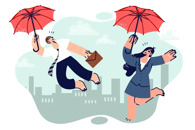 Businesspeople flying up using umbrellas  Illustration