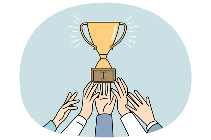 Businesspeople hands strive for golden trophy  Illustration