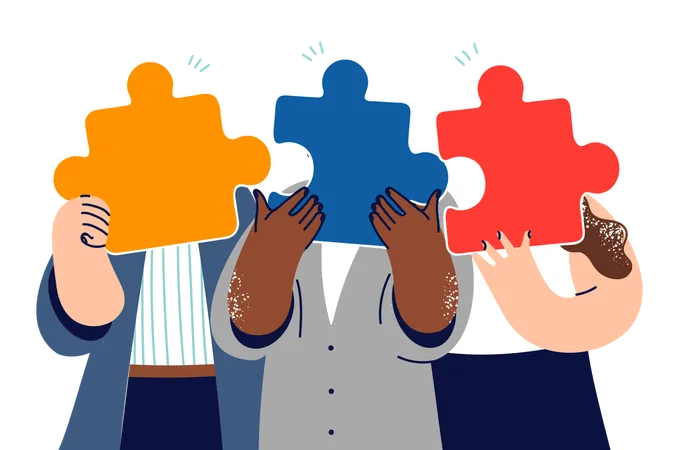 Business People Association Hides Its Face Behind Puzzle Pieces Demonstrating Its Readiness To Merge Women And Men Participate In Professional Association For Lobby For Interests Of Community イラスト
