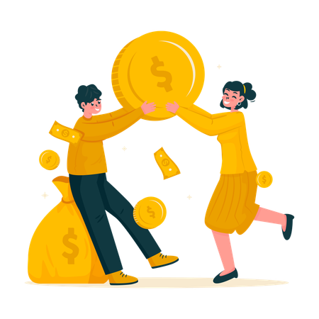 Businesspeople holding up dollar coin for investment profit sharing  Illustration