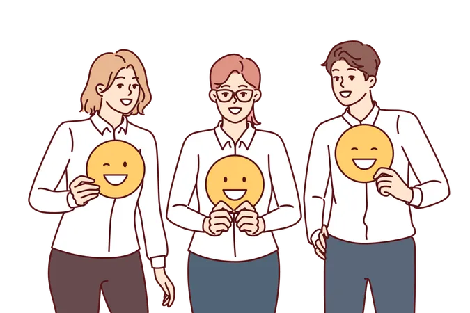 Business People In Office Clothes Show Positive Emoji Symbolizing Successful Teamwork On Project Women And Men Give Good Assessment Of Joint Teamwork On Corporate Task Assigned By Manager Illustration