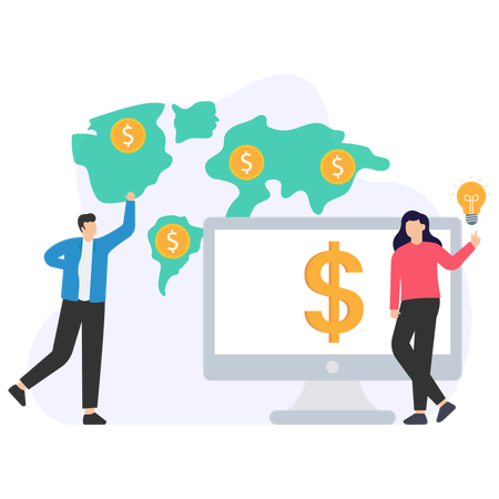 Businesspeople investing money worldwide using computer and generating ideas  Illustration