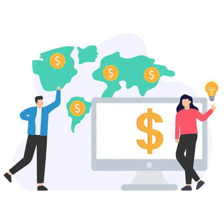 Businesspeople investing money worldwide using computer and generating ideas  Illustration
