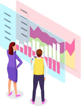 3 D Isometric Vector Illustration Office Workers Looking At Digital Screen With Growing Graphics Guy Holding Papers With Financial Plan In Hand People Analysing Statistic Strategy Analytics イラスト