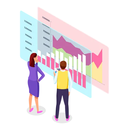 3 D Isometric Vector Illustration Office Workers Looking At Digital Screen With Growing Graphics Guy Holding Papers With Financial Plan In Hand People Analysing Statistic Strategy Analytics Illustration