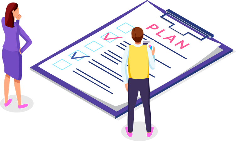 Businesspeople man woman analyzing business plan checklist  Illustration