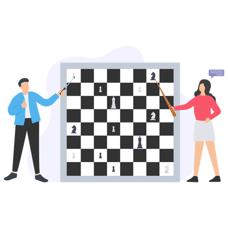 Businesspeople playing chess using selfie sticks and giant chessboard  Illustration