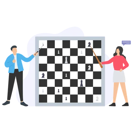 Businesspeople playing chess using selfie sticks and giant chessboard  Illustration