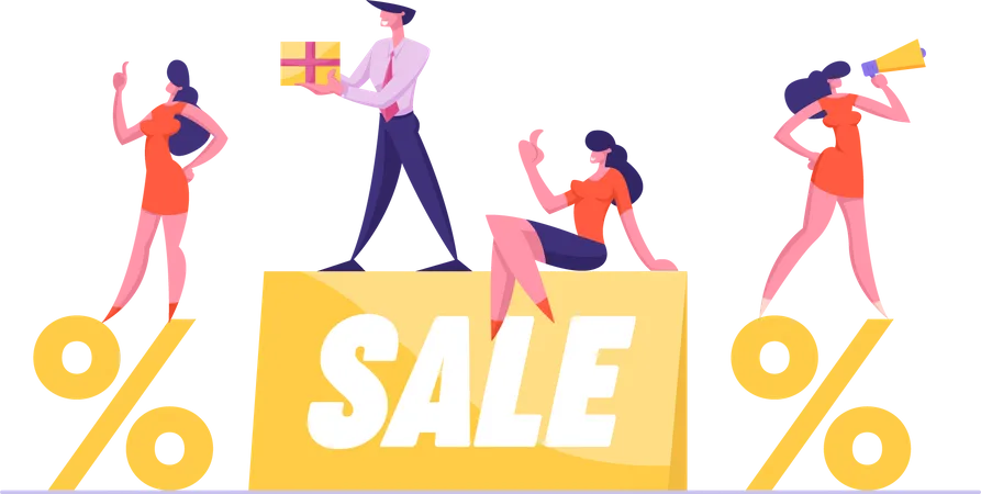 Businesspeople Promoters With Loudspeaker And Gift Box Stand On Huge Sale Banner And Percent Symbols Discount Promotion Offer Announcement Advertisement Consumerism Cartoon Flat Vector Illustration Illustration