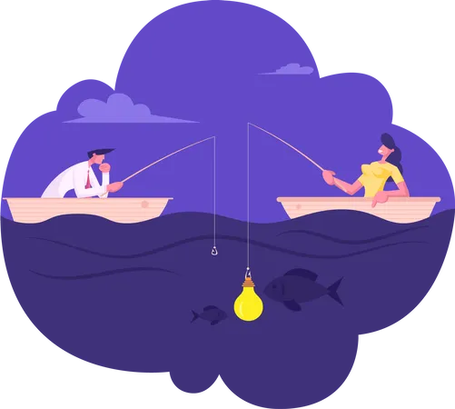 Businesspeople Sitting In Boat Fishing With Rods Business Woman Having Glowing Light Bulb Instead Of Bait Hanging On Hook Man Have No Lure Fish Bite On Lightbulb Cartoon Flat Vector Illustration Illustration