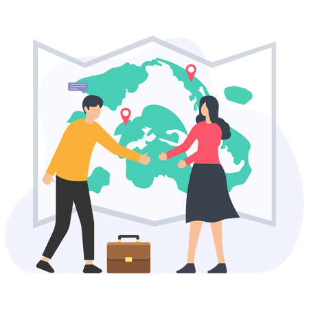 Businesspeople shaking hands in front of world map with location pins  Illustration