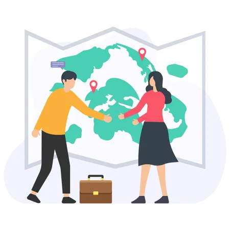 Businesspeople shaking hands in front of world map with location pins  Illustration